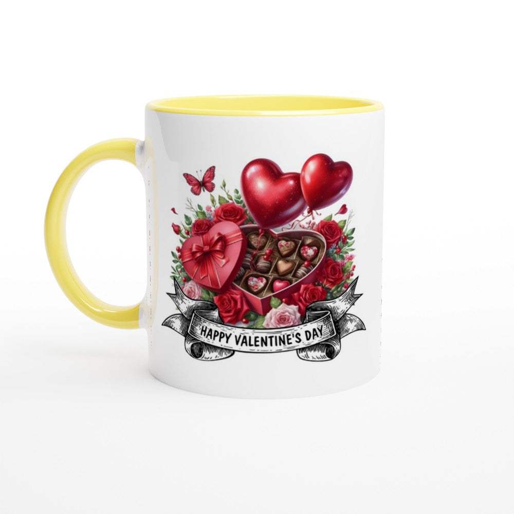 Gorgeous Valentine's Mug with heart design and yellow handle.