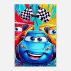 Vibrant Cars Wall Canvas with race cars and checkered flags, perfect for car enthusiasts' decor.