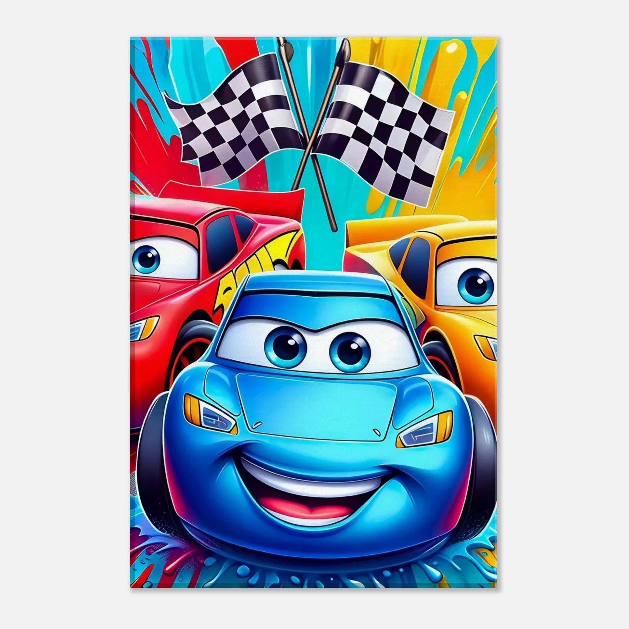Vibrant Cars Wall Canvas with race cars and checkered flags, perfect for car enthusiasts' decor.