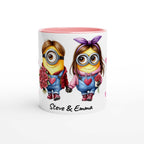 Cute Minions personalised Valentine Day mug with custom names, colorful design, and vibrant print.