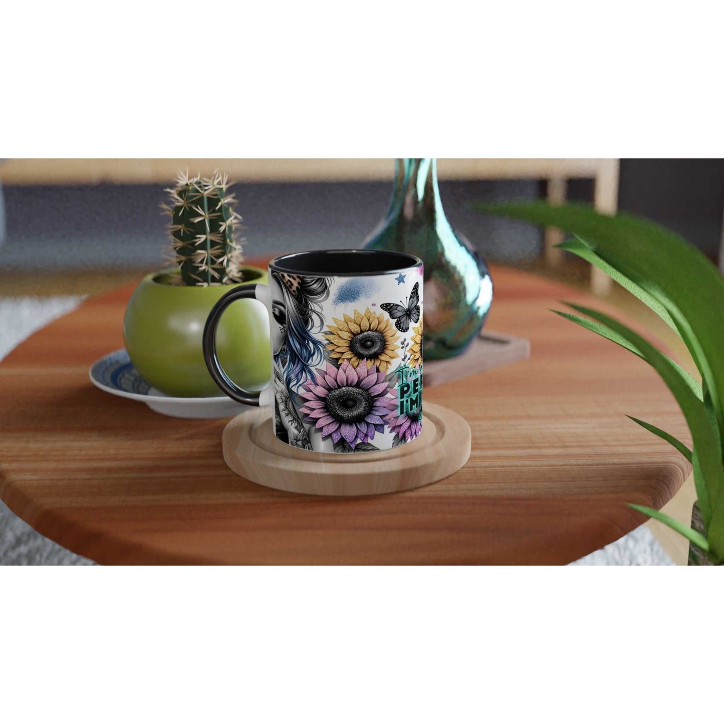 I'm Not Perfect Motivational Coffee Mug with colorful sunflower design, 11oz ceramic, glossy finish, on a wooden table.