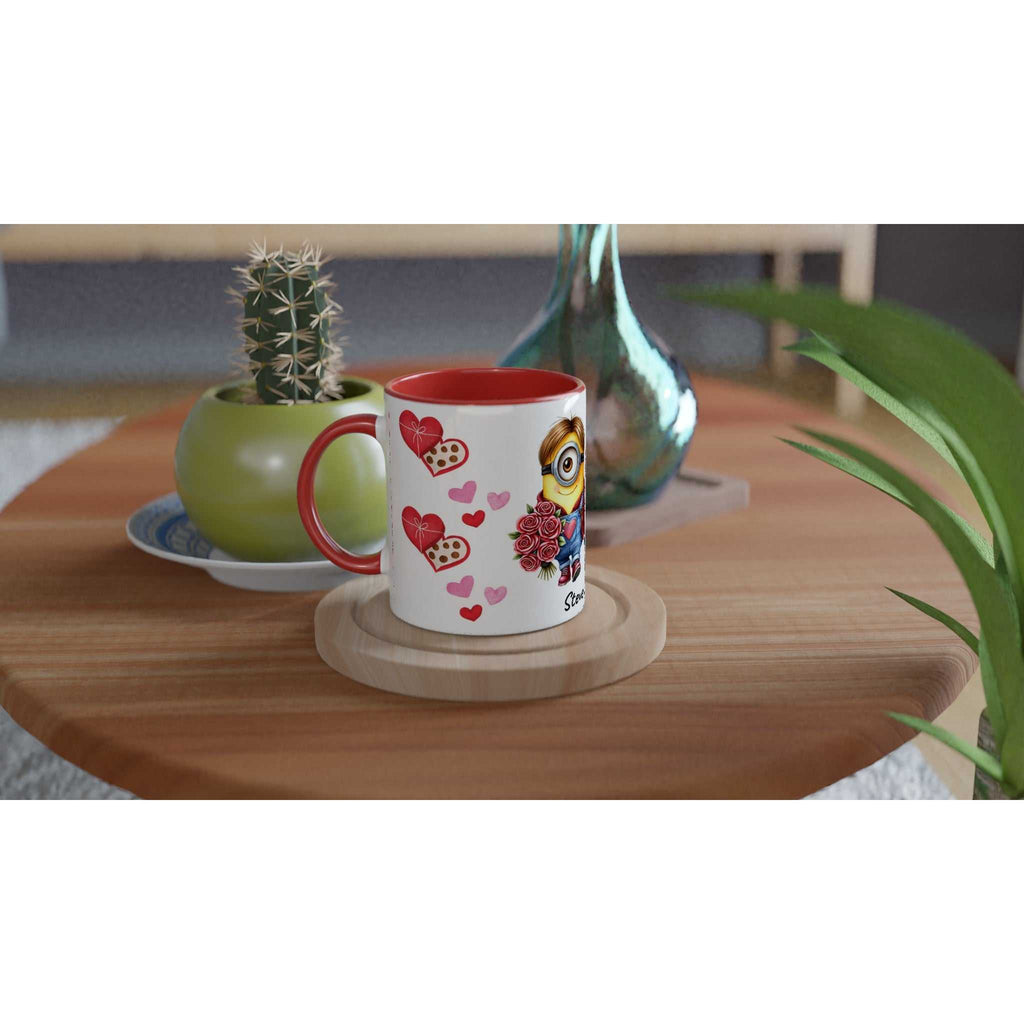 Cute Minions personalised Valentine mug with heart design and red accents on a wooden table.