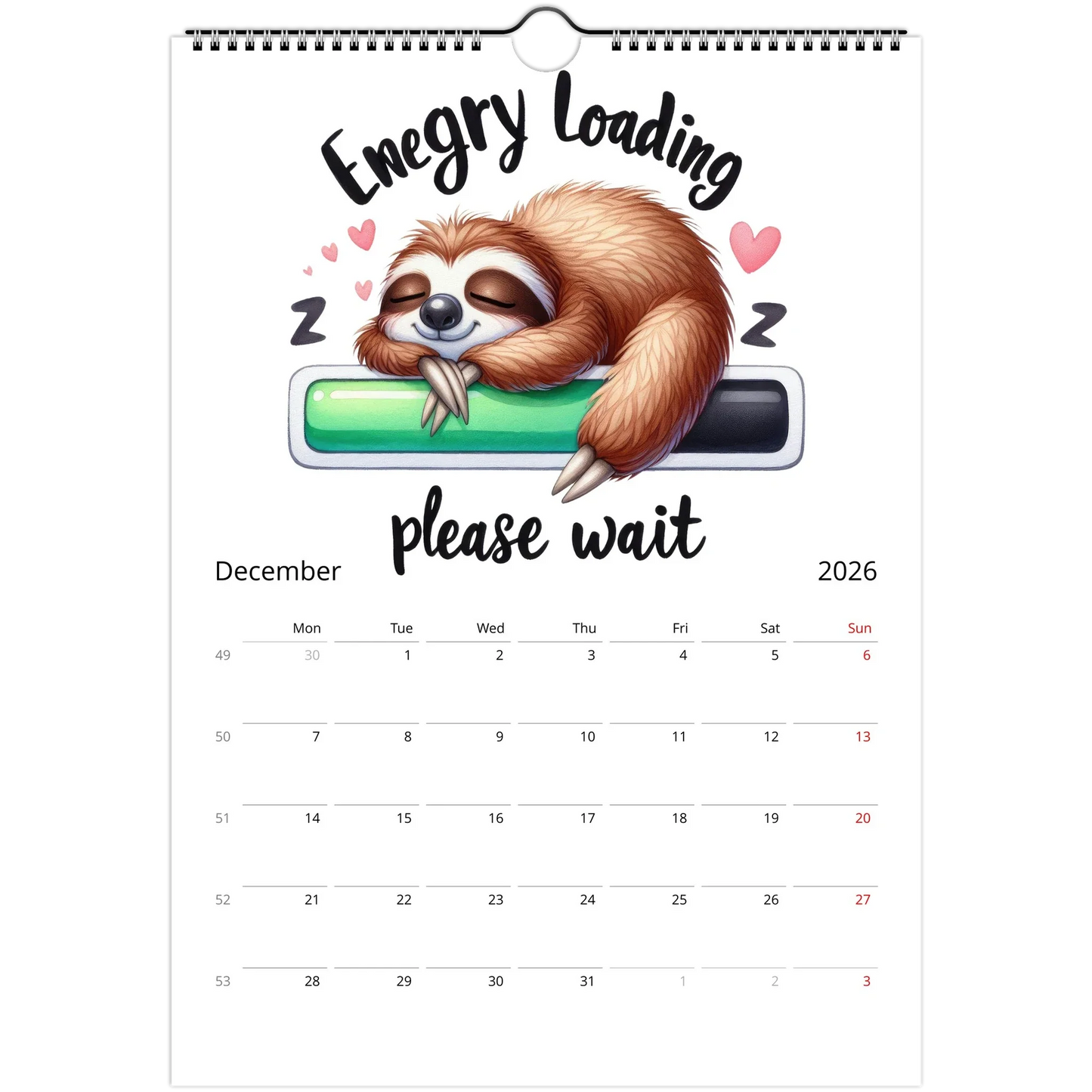 Adorable Sloth Wall Calendar 2026 with cute sleeping sloth illustration and monthly date grid