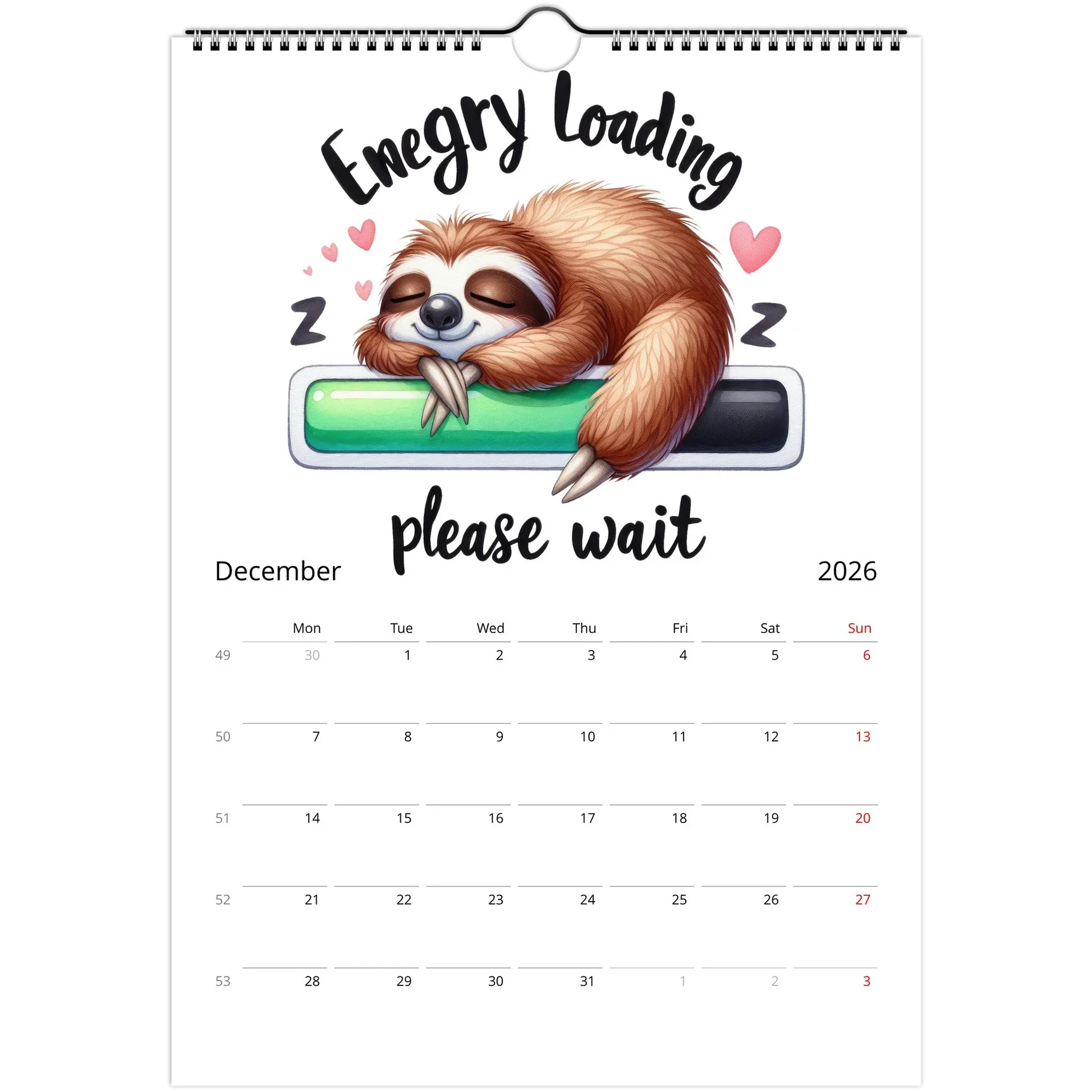 Adorable Sloth Wall Calendar 2026 with cute sleeping sloth illustration and monthly date grid