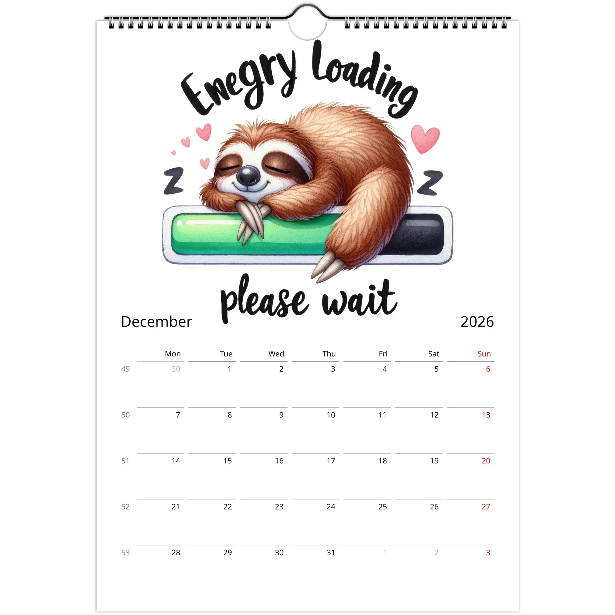Adorable Sloth Wall Calendar 2026 with cute sleeping sloth illustration and monthly date grid