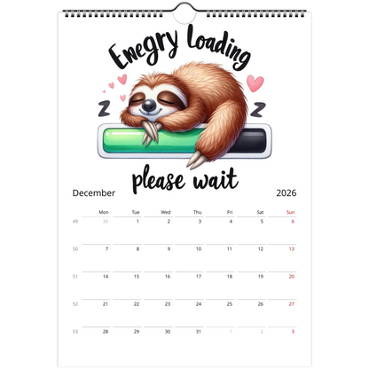 Adorable Sloth Wall Calendar 2026 with cute sleeping sloth illustration and monthly date grid