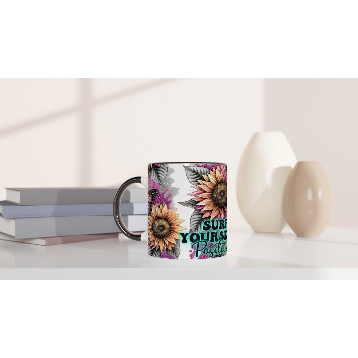 Motivational coffee mug with sunflower design, "Positive Vibes" print, ceramic, glossy finish.