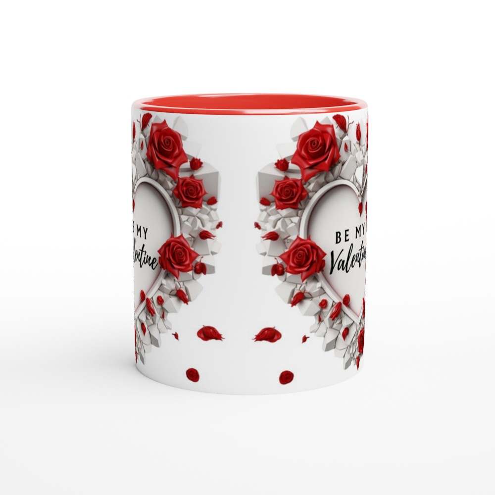 Stunning Valentine's Day mug with vibrant rose design and red accents.