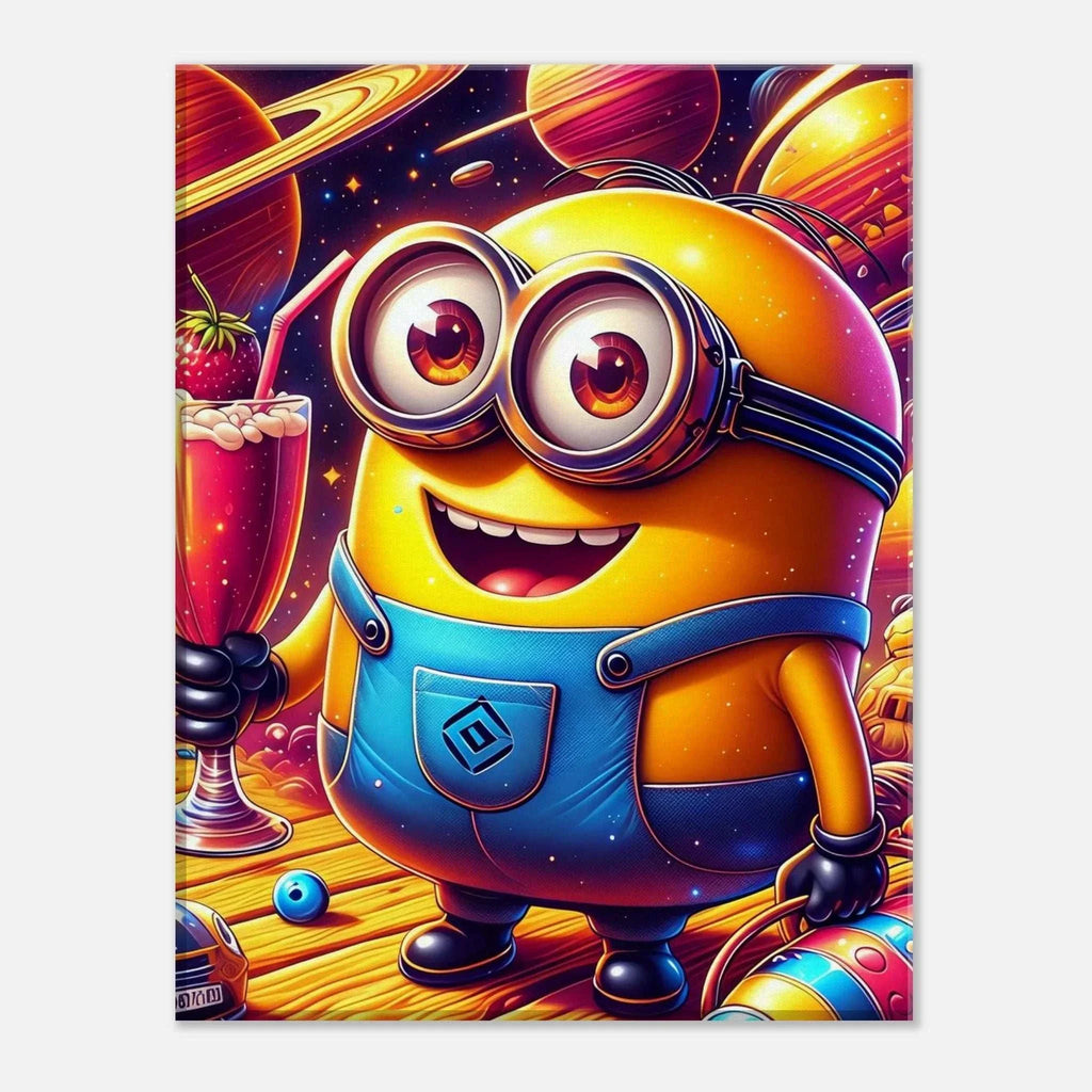Minions Wall Canvas featuring cheerful yellow character in space theme, perfect for kids' rooms, available in various sizes.