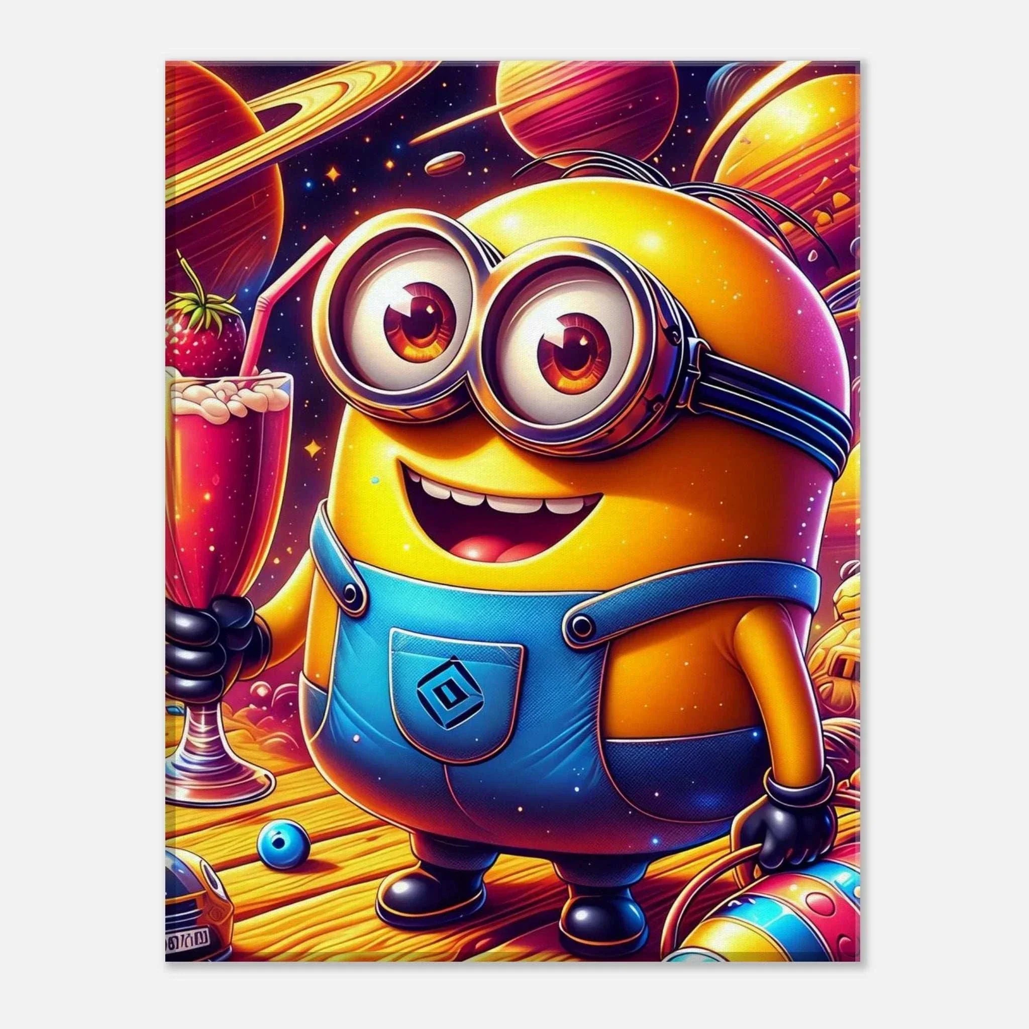 Minions Wall Canvas featuring cheerful yellow character in space theme, perfect for kids' rooms, available in various sizes.