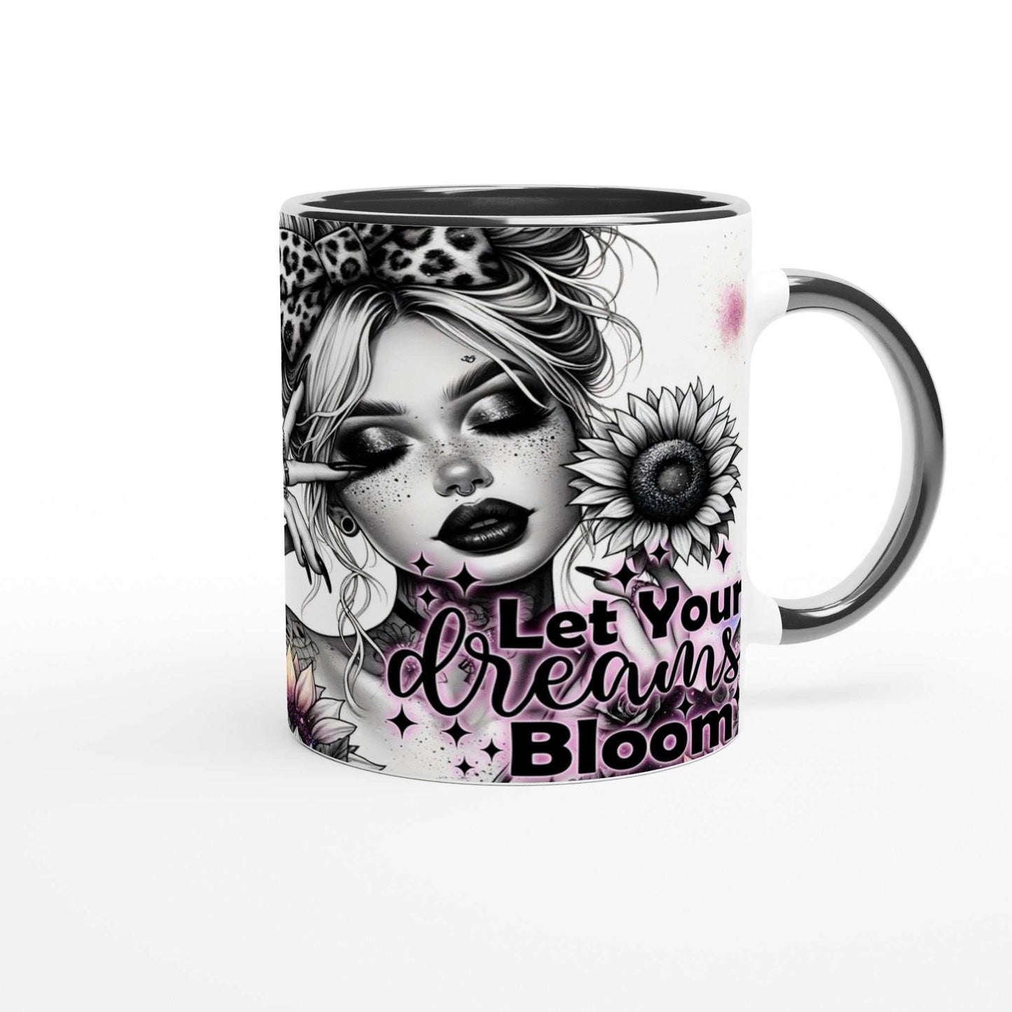 Motivational coffee mug with "Let Your Dreams Bloom" design, colorful two-tone ceramic, 11oz capacity.