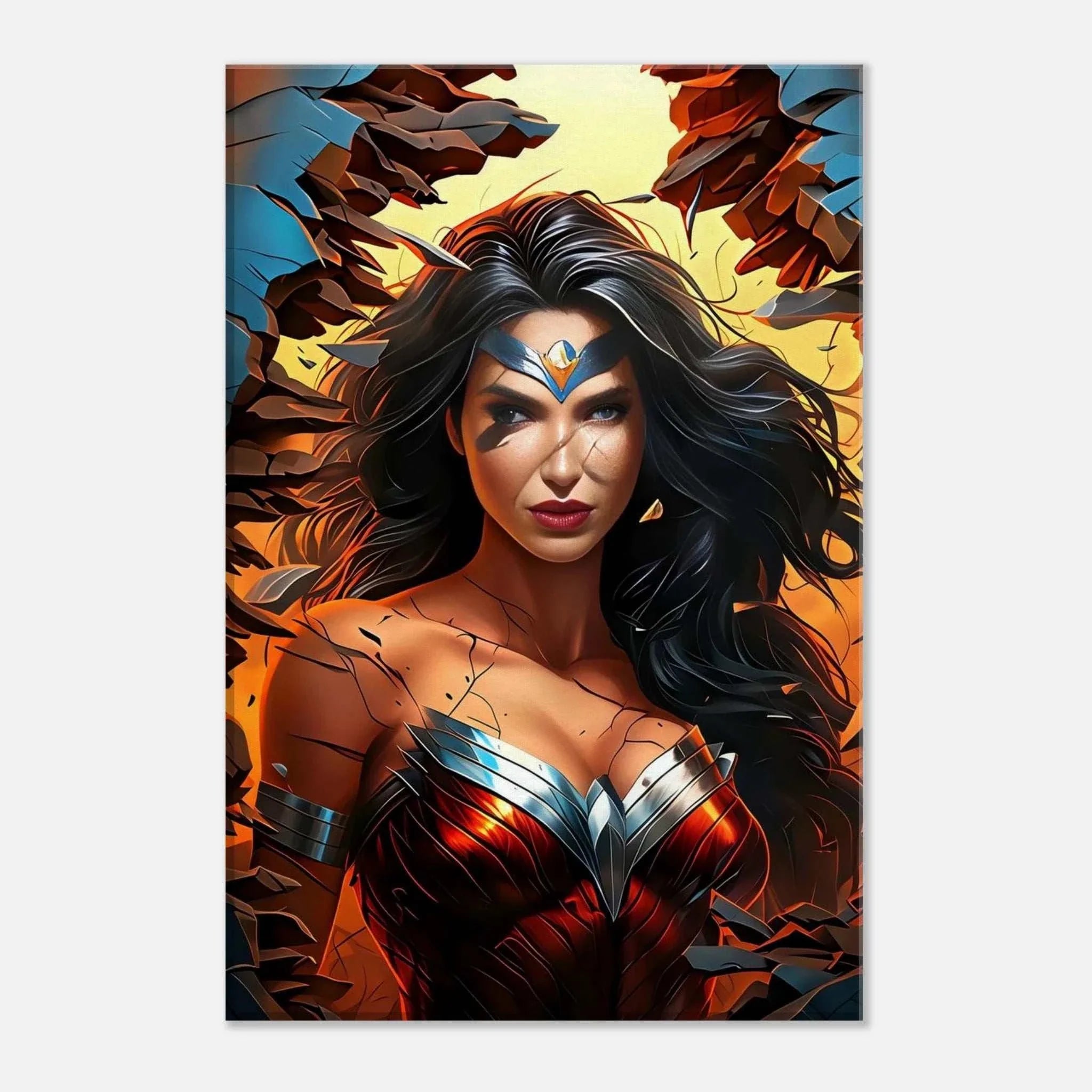 Wonder Woman Wall Canvas featuring bold, vibrant artwork; celebrates strength and heroism; perfect for fans; durable and ready to hang.
