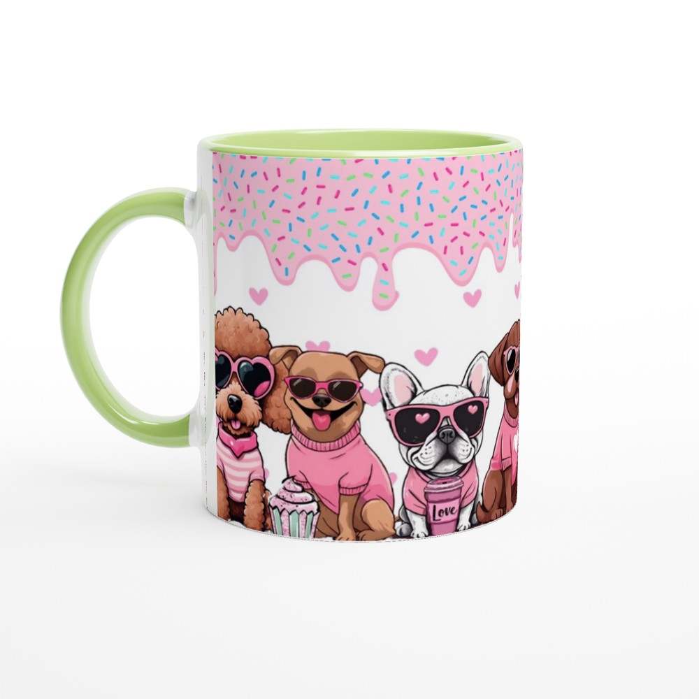 Cute puppy Valentines Day mug with colorful design, perfect dog lover gift, 11oz ceramic coffee cup.