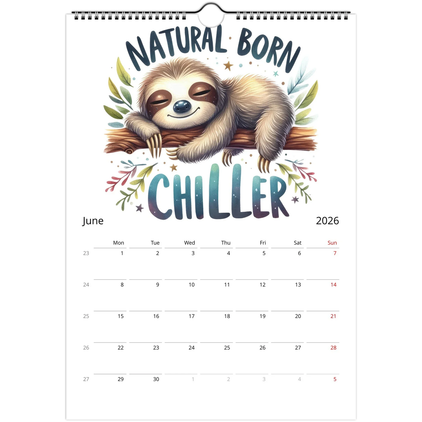 2026 adorable sloth wall calendar featuring cute sloth artwork and monthly date squares for notes