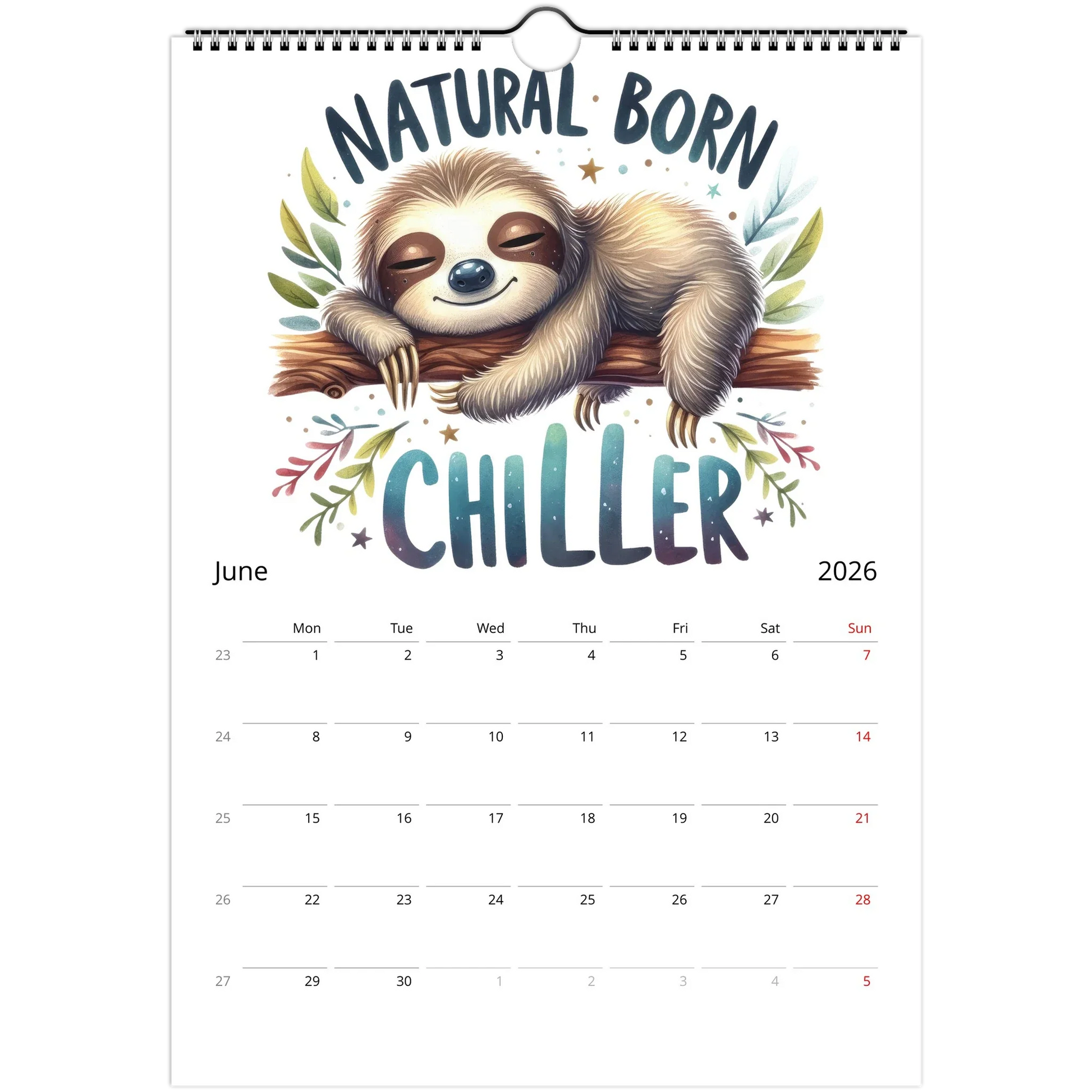 2026 adorable sloth wall calendar featuring cute sloth artwork and monthly date squares for notes