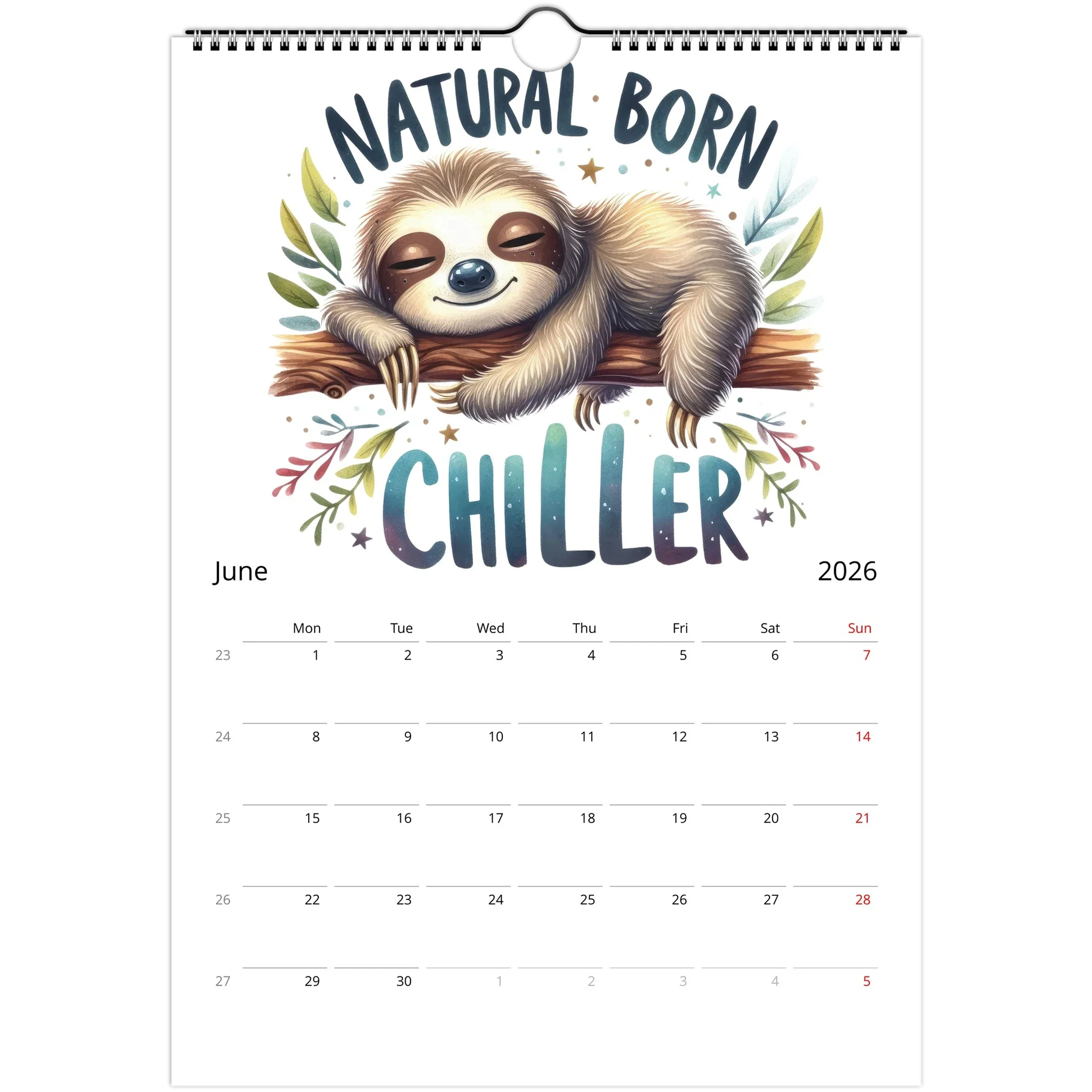 2026 adorable sloth wall calendar featuring cute sloth artwork and monthly date squares for notes