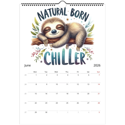 2026 adorable sloth wall calendar featuring cute sloth artwork and monthly date squares for notes