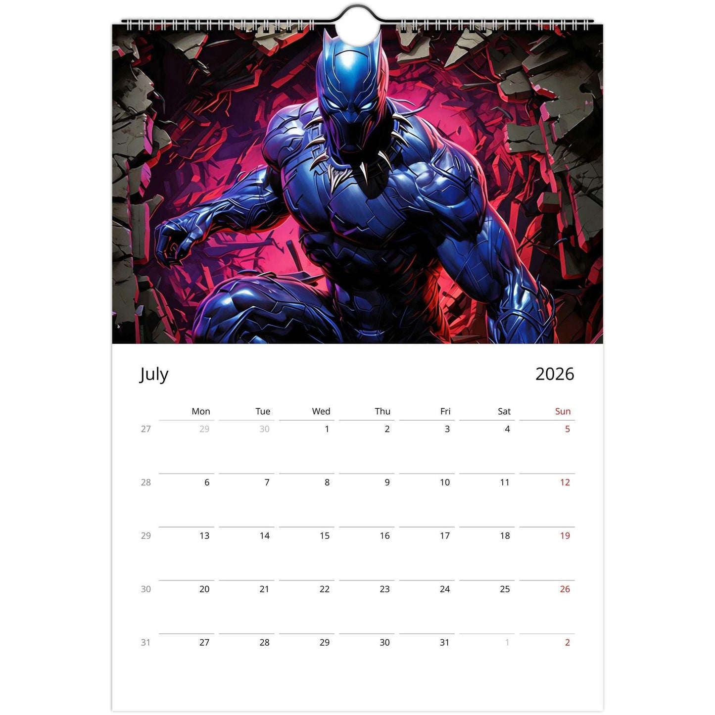 Superhero Calendar 2026 wall calendar featuring bold comic-style superhero artwork for July with dates for notes and reminders