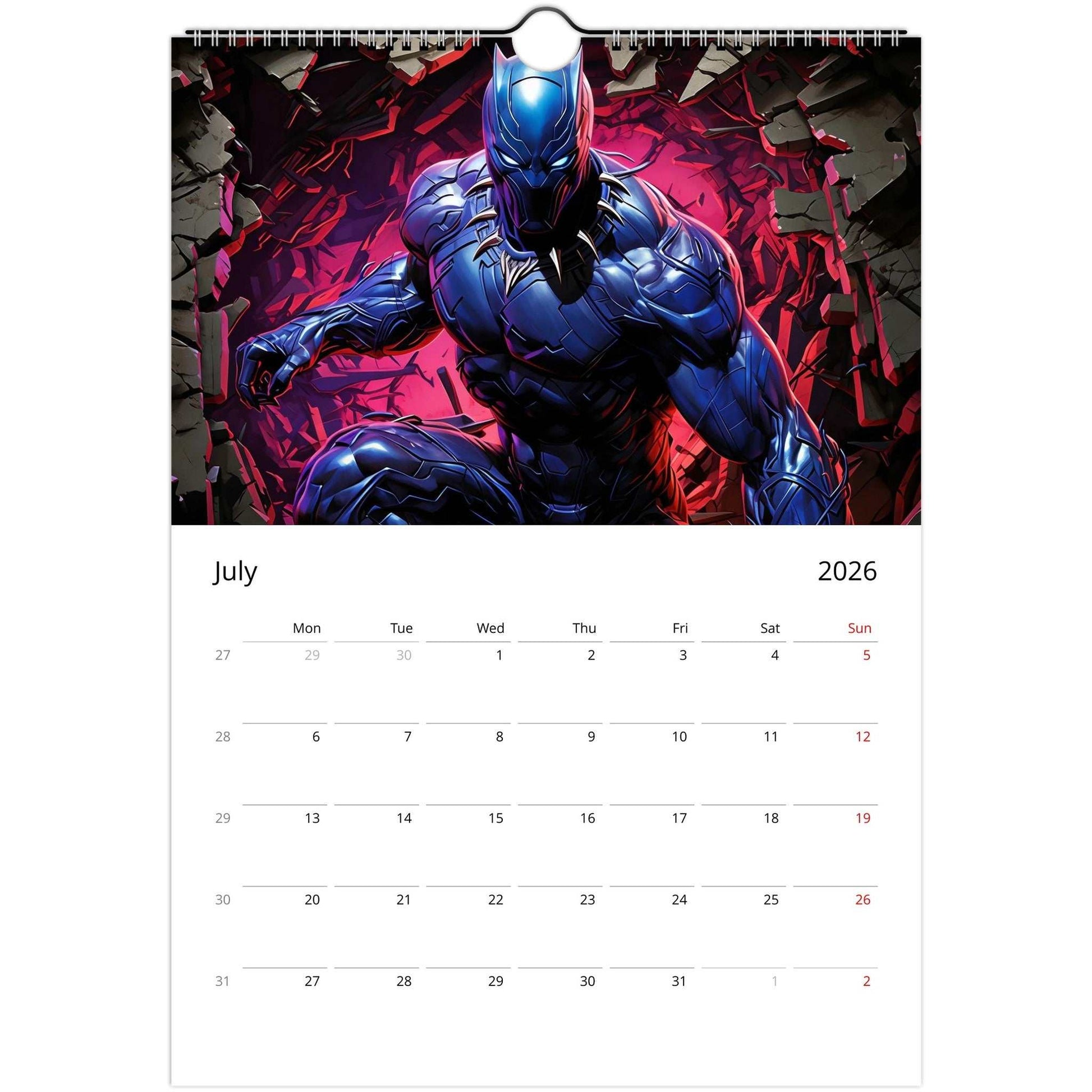 Superhero Calendar 2026 wall calendar featuring bold comic-style superhero artwork for July with dates for notes and reminders