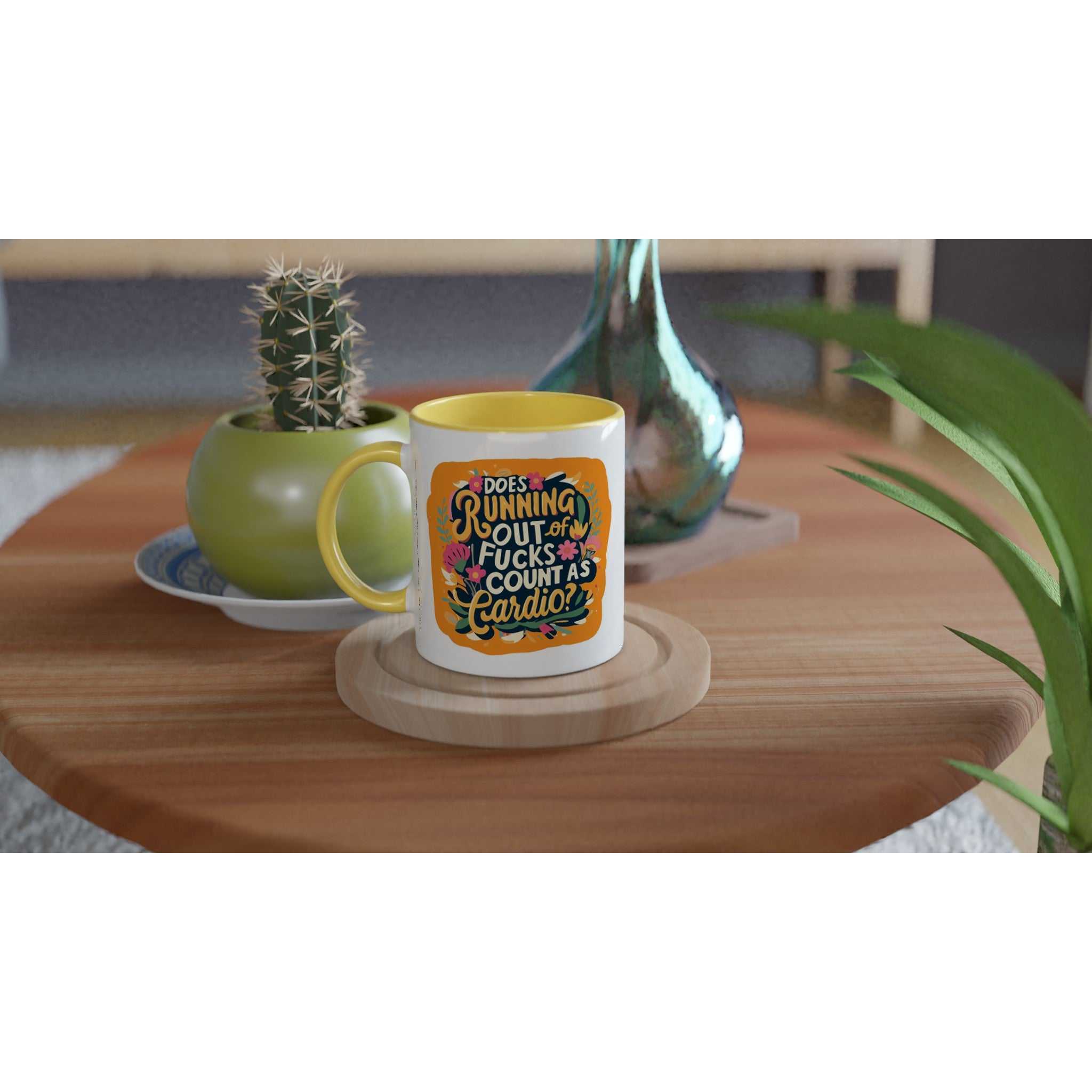Colorful Outta Fucks Fun Mug on table, durable ceramic, 11oz capacity.
