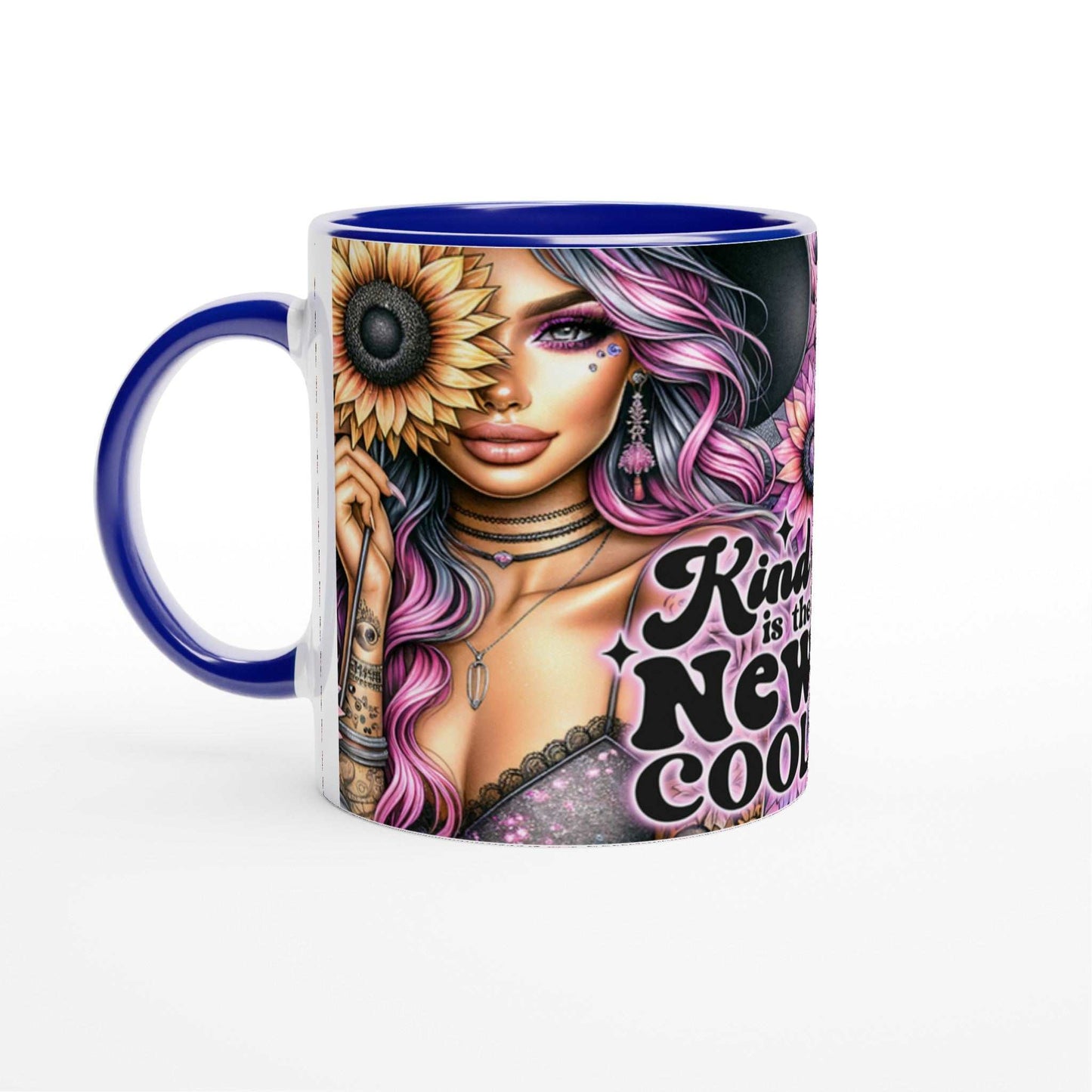 Motivational 'Kind Is The New Cool' ceramic coffee mug with vibrant design and inspirational quote.