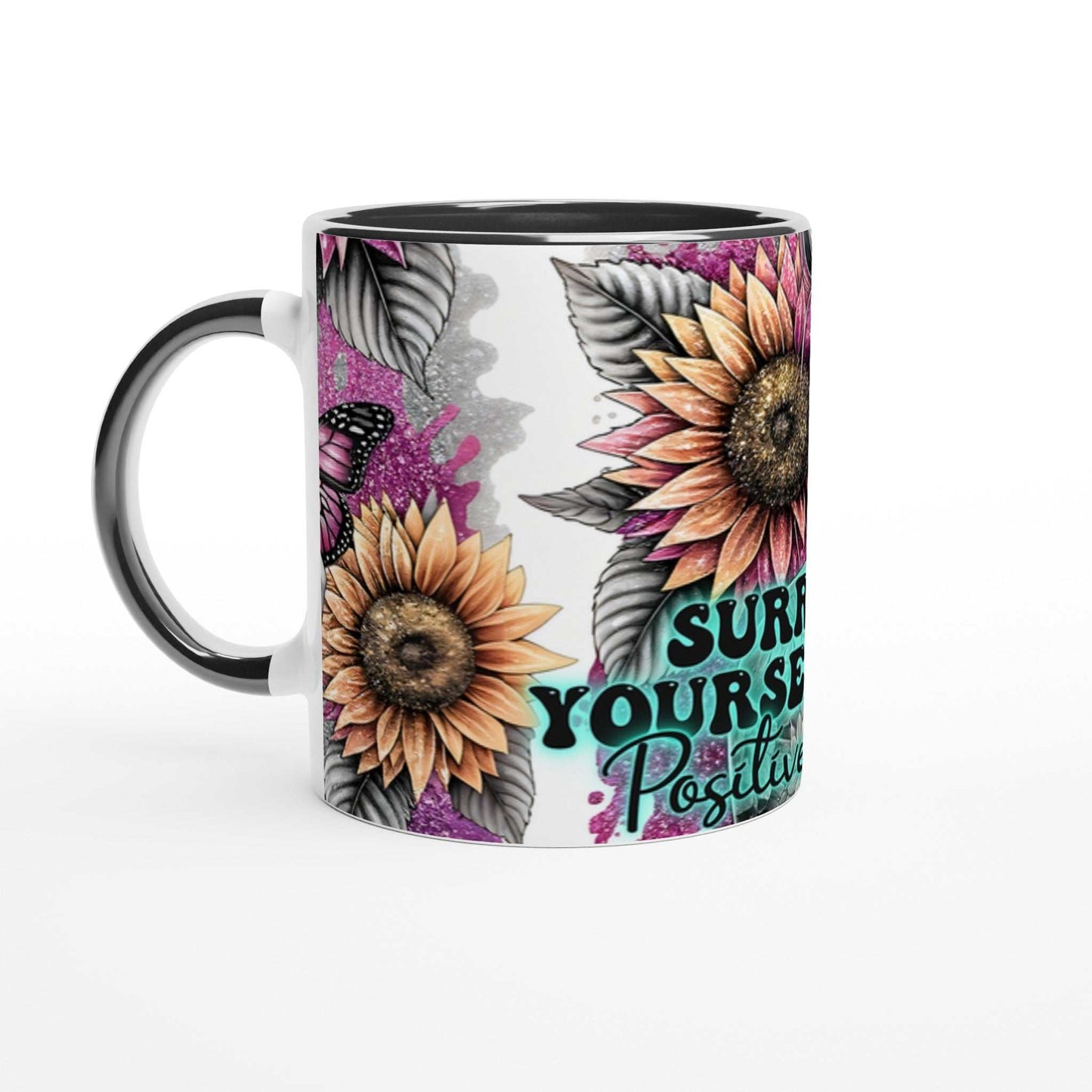 Positive Vibes – Motivational Coffee Mug with vibrant sunflower design and inspirational quote.