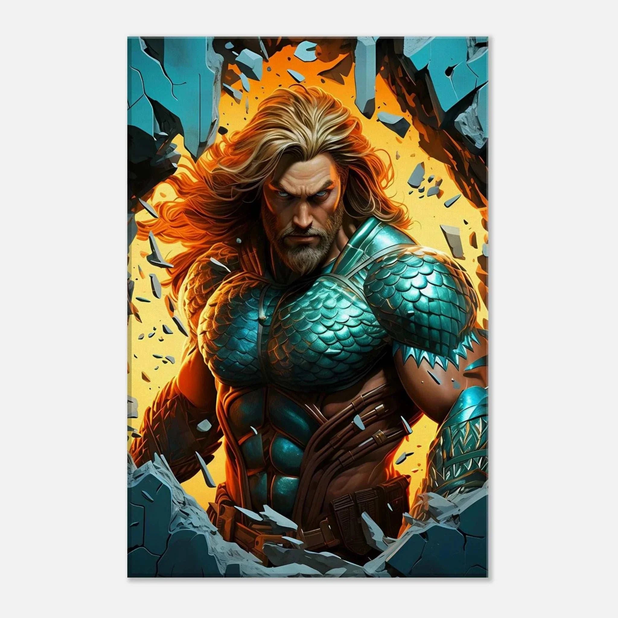 Aquaman Wall Canvas featuring vibrant colors and dynamic imagery of the ocean hero.