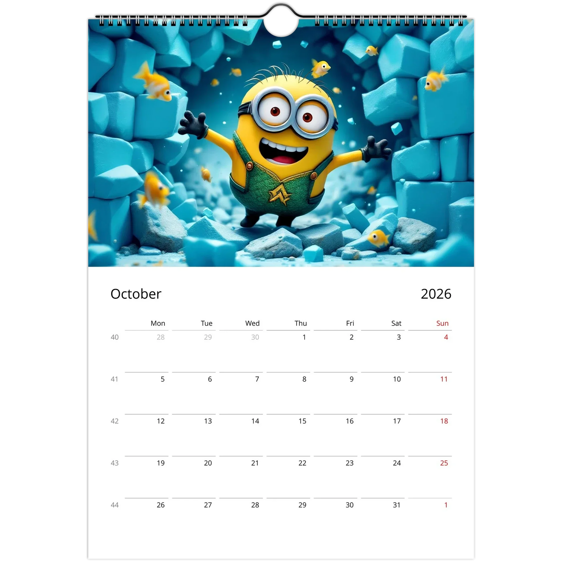 2026 Minions Superhero Wall Calendar featuring colorful superhero-themed Minions with large date squares and spiral binding