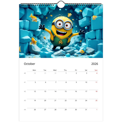 2026 Minions Superhero Wall Calendar featuring colorful superhero-themed Minions with large date squares and spiral binding
