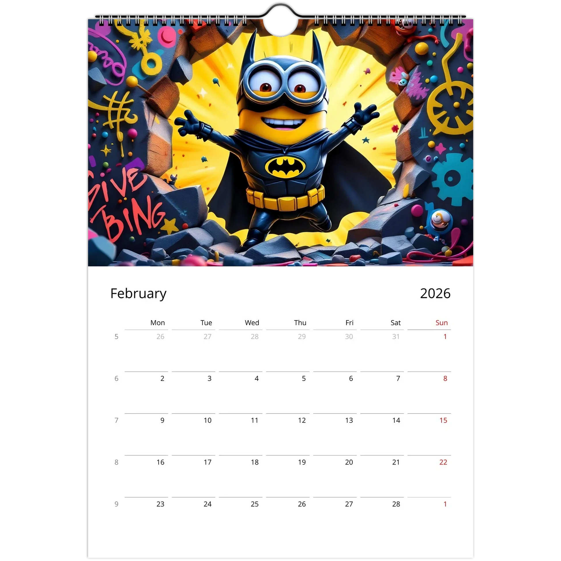 Minions Superhero Wall Calendar 2026 featuring a Minion dressed as Batman with vibrant superhero-themed illustrations on glossy A4 pages and spiral binding.
