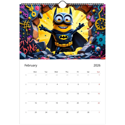Minions Superhero Wall Calendar 2026 featuring a Minion dressed as Batman with vibrant superhero-themed illustrations on glossy A4 pages and spiral binding.