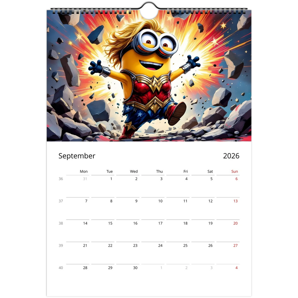 2026 Minions Superhero wall calendar with glossy pages, colorful superhero-themed Minions illustration, and spiral binding for easy flipping.