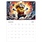 2026 Minions Superhero wall calendar with glossy pages, colorful superhero-themed Minions illustration, and spiral binding for easy flipping.