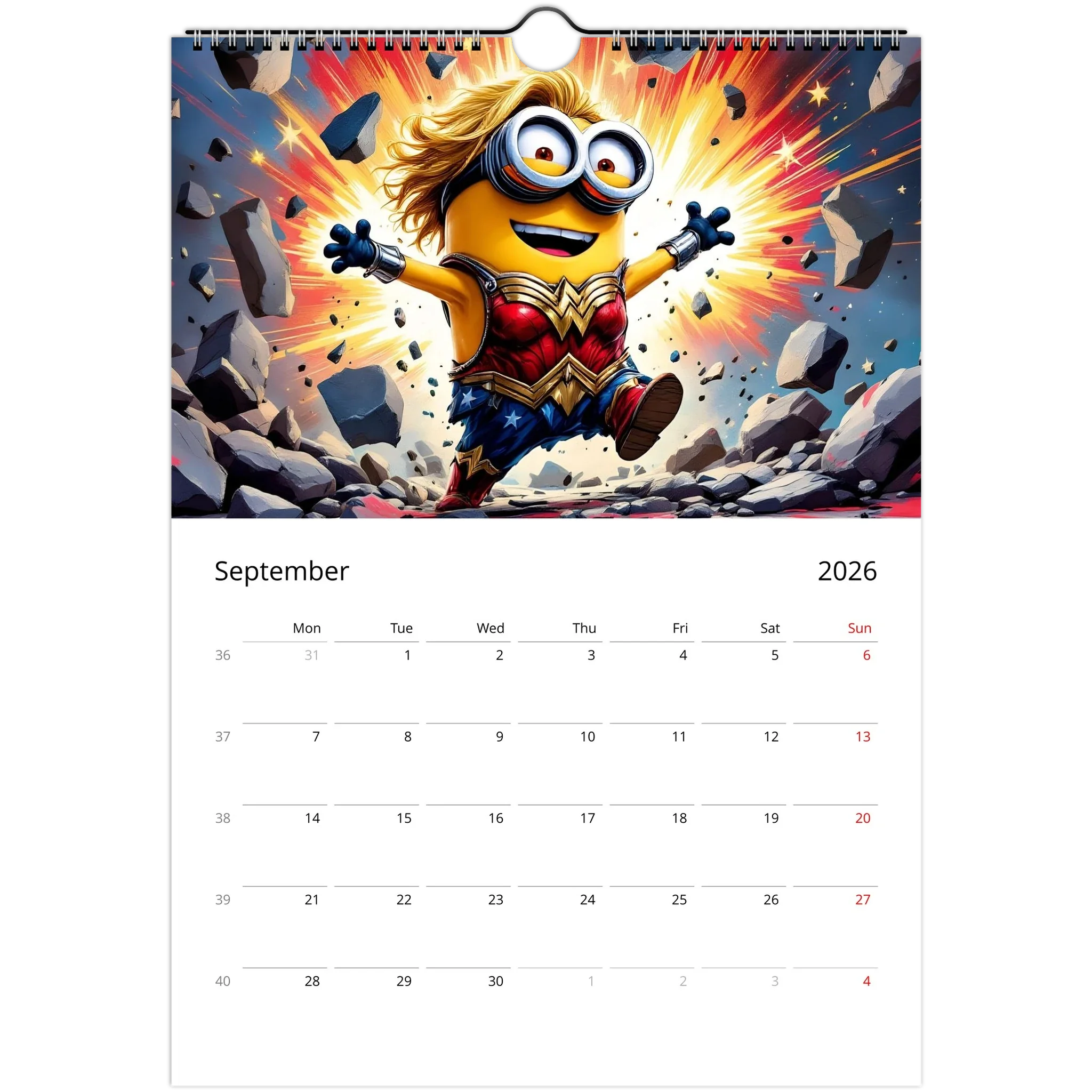 2026 Minions Superhero wall calendar with glossy pages, colorful superhero-themed Minions illustration, and spiral binding for easy flipping.