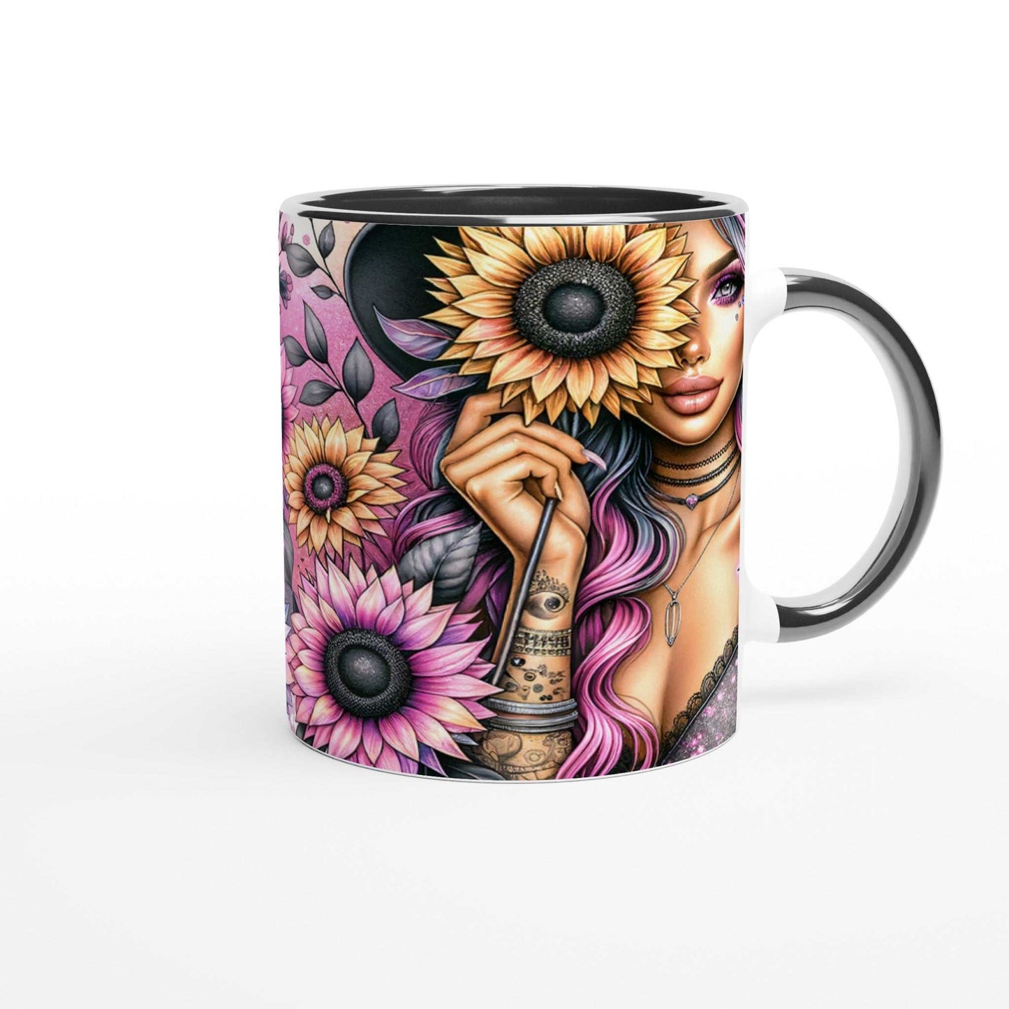 11oz ceramic coffee mug with vibrant sunflower design, "Kind Is The New Cool" motivational quote, colorful rim, inside, and handle.