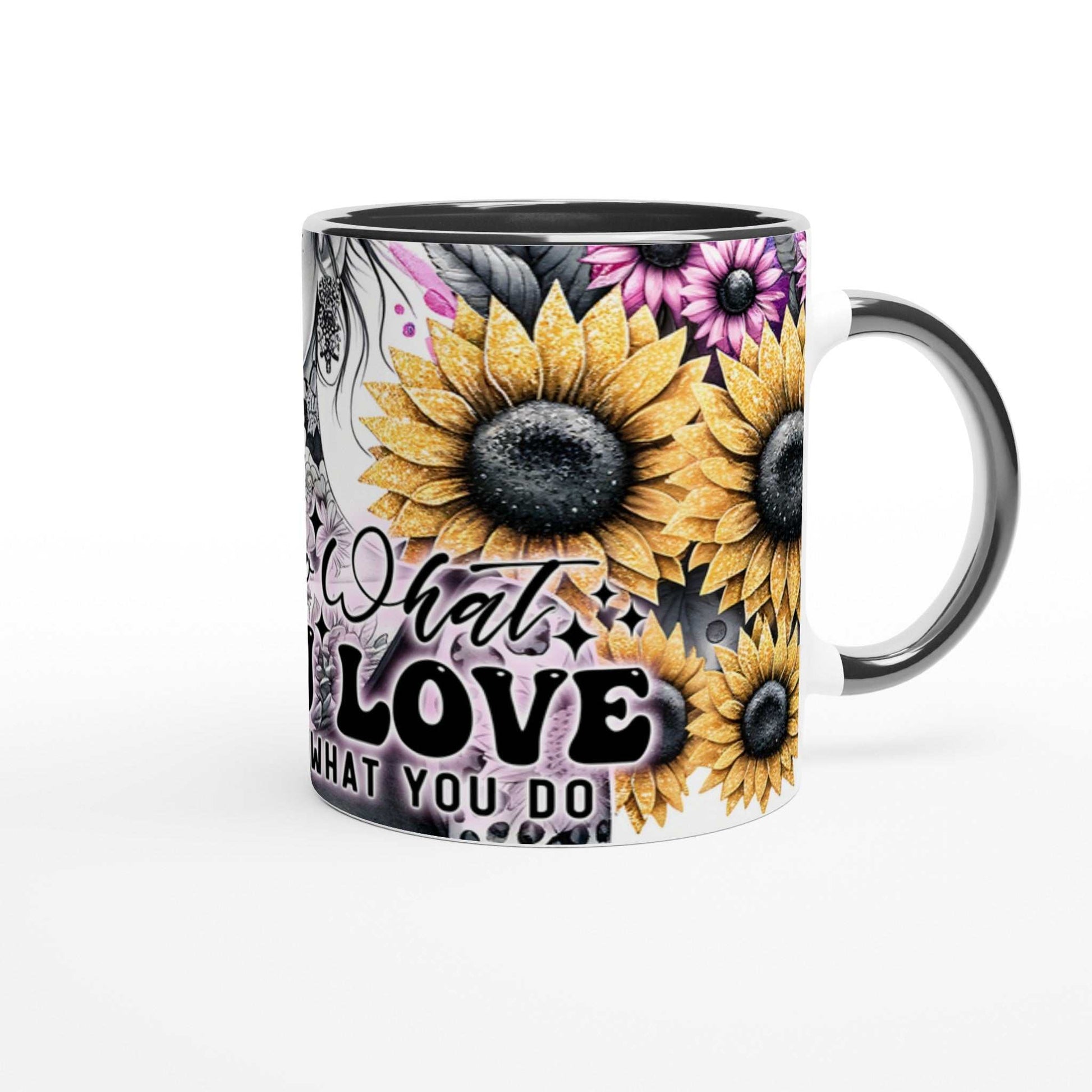 11oz ceramic motivational coffee mug with sunflowers and inspirational quote design, glossy two-tone finish, vibrant colors, microwave and dishwasher safe.