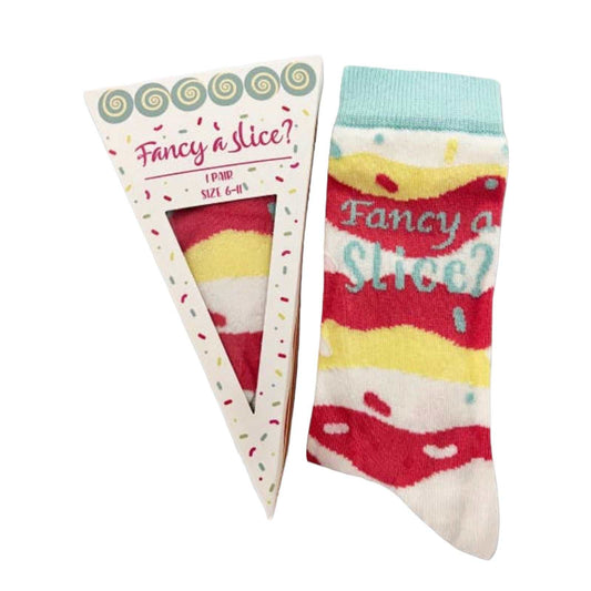 Cake Slice Socks in gift box with fun design, unisex size UK 6-11, made from premium cotton.