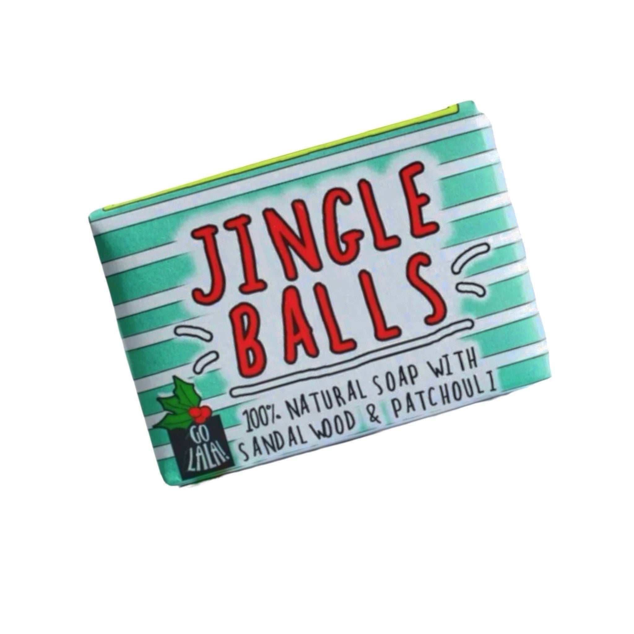 Jingle Balls Soap with sandalwood and patchouli packaging.