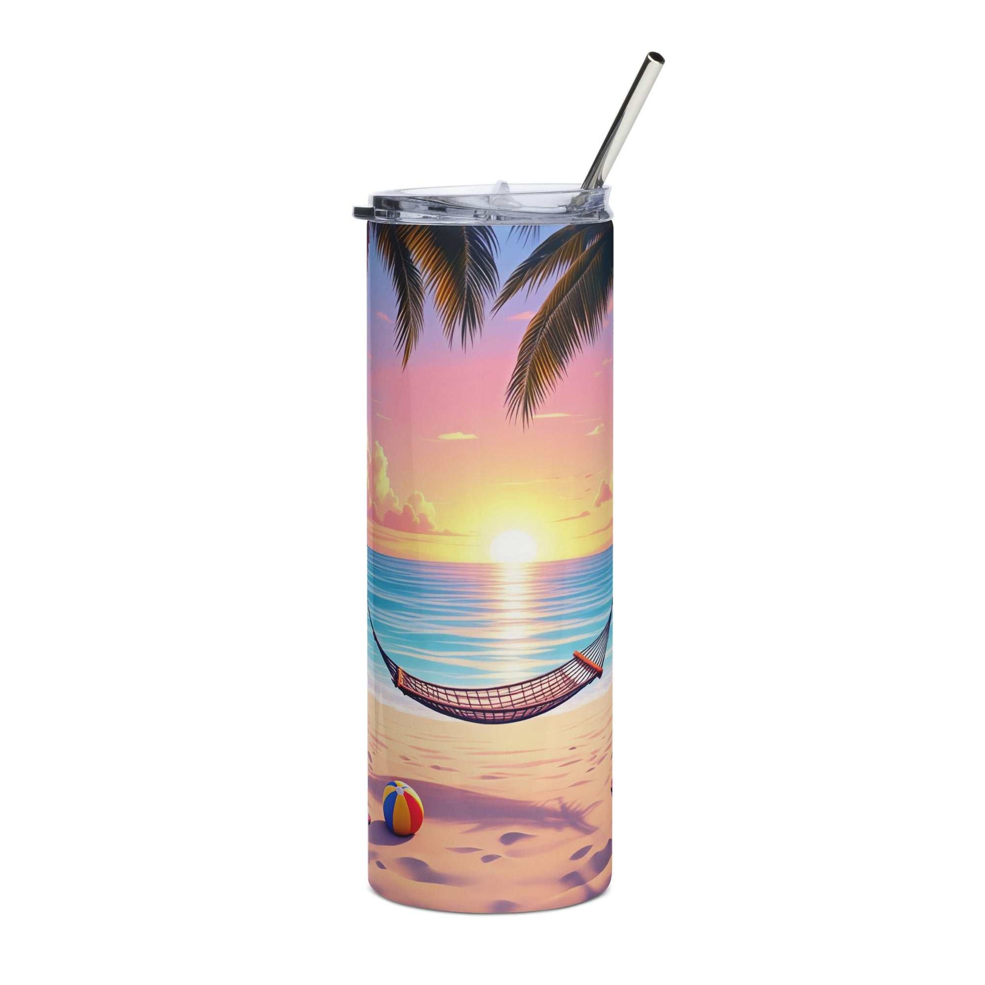 20oz skinny tumbler with a vibrant Beach Vibes wrap featuring a sunset beach scene, palm trees, hammock, ocean waves, and sand.