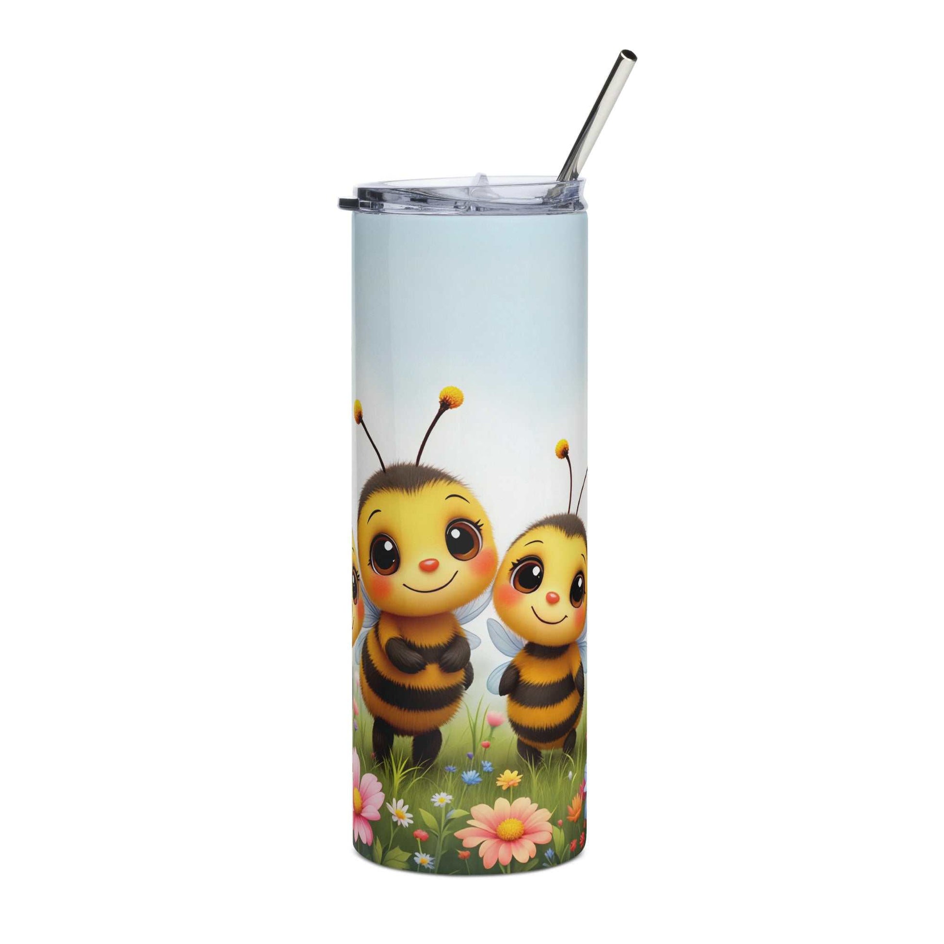 20oz skinny tumbler with cute cartoon bumble bee wrap featuring flowers and pastel background design