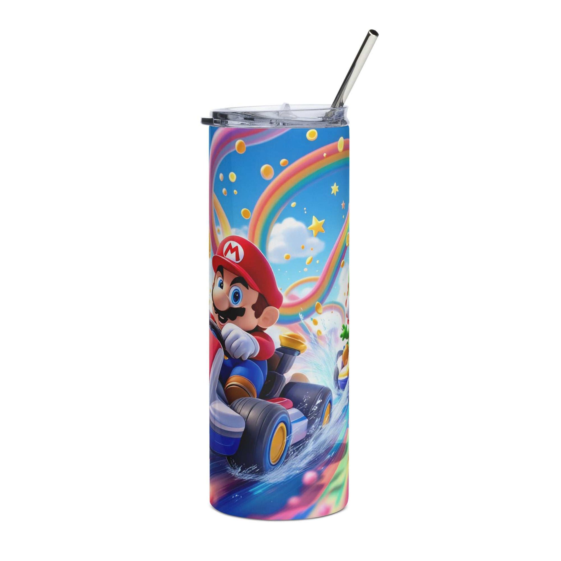 20oz skinny tumbler wrap featuring vibrant Rainbow Kart Racer design with iconic video game characters, rainbow road theme, and flying gold coins for sublimation printing.