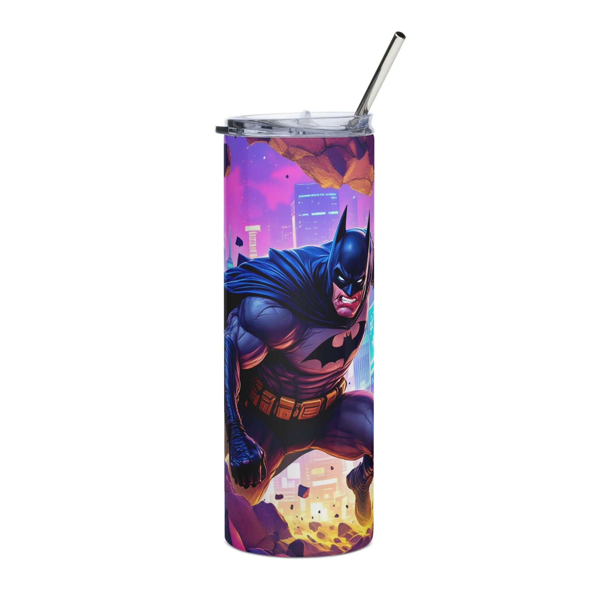 20oz skinny tumbler with Batman-inspired Dark Hero City Breakthrough comic style wrap design in vibrant neon city colors