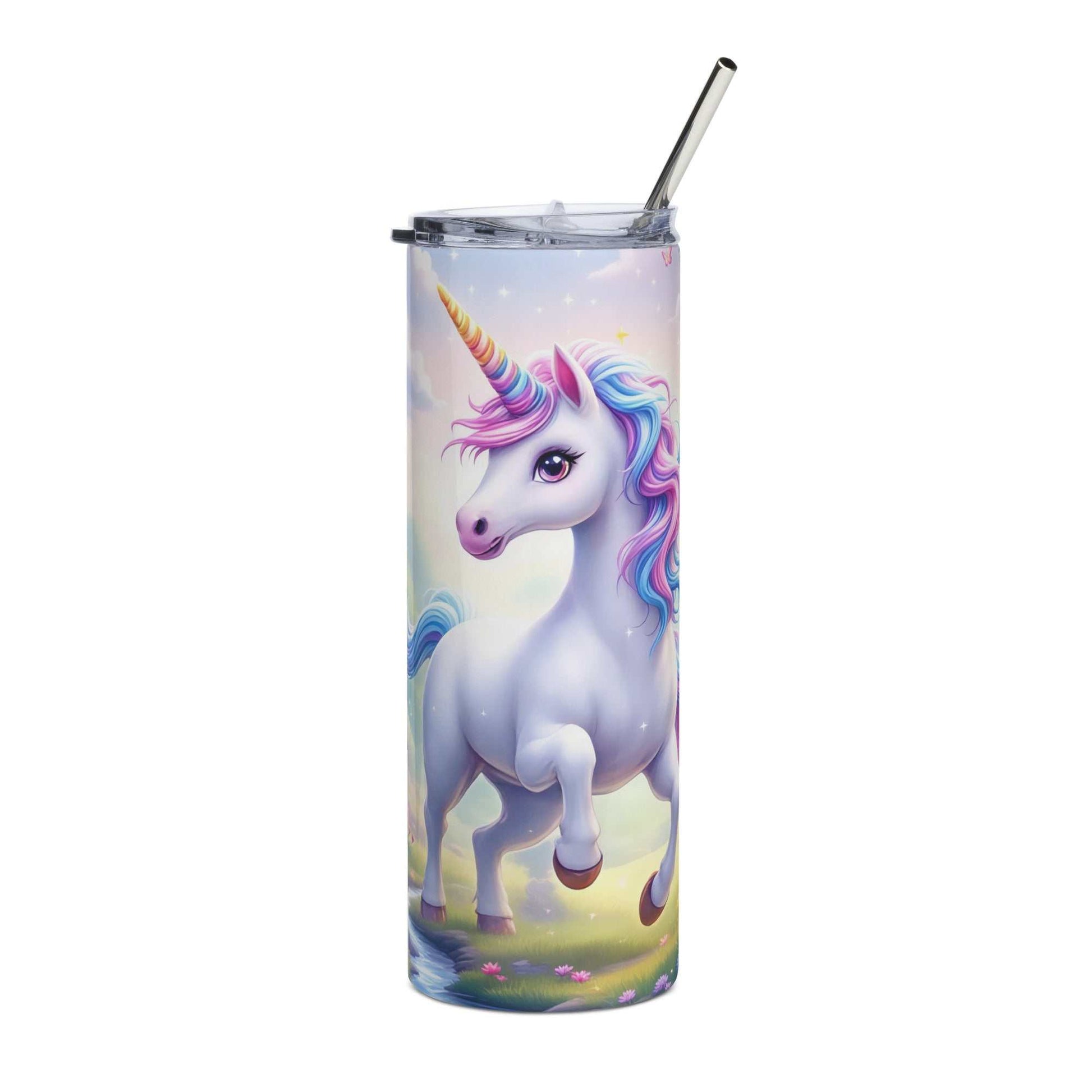 20oz skinny tumbler featuring a magical pastel unicorn with rainbow mane and stars design