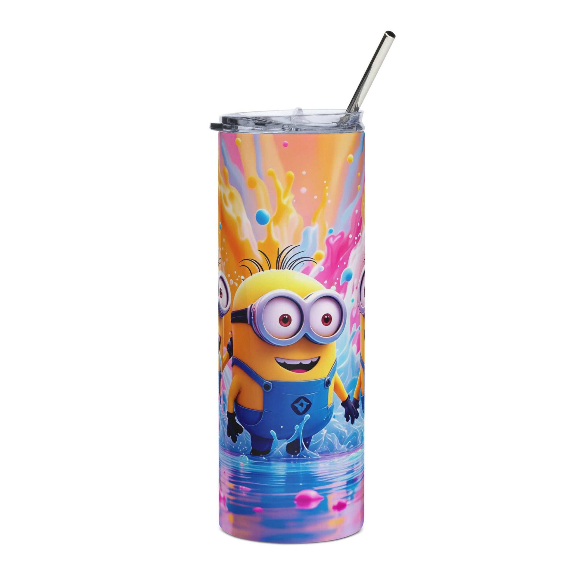 20oz skinny tumbler with colorful Minion-themed wrap featuring yellow cartoon character in blue overalls and vibrant playful background