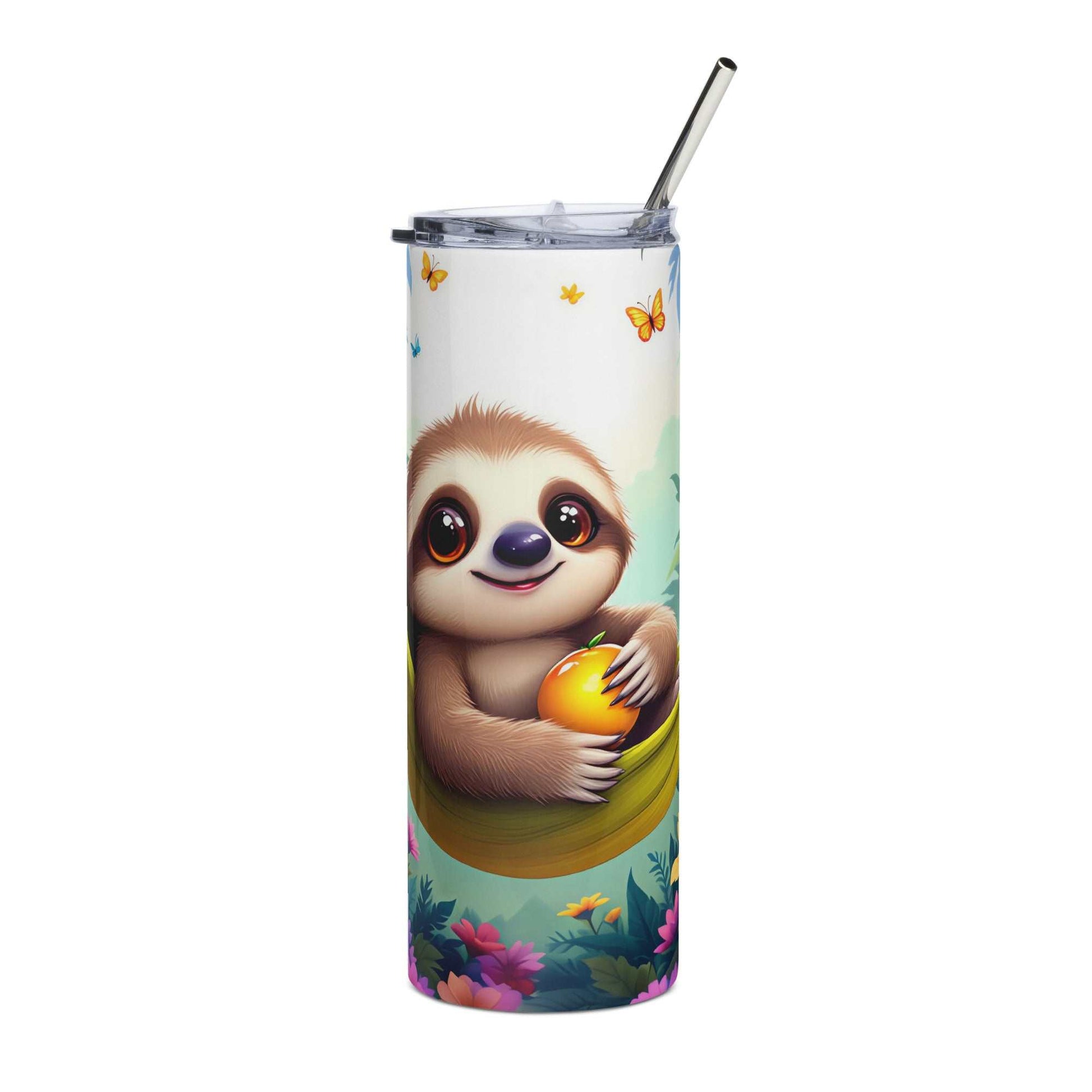 20oz skinny tumbler with cute sloth wrap holding orange, pastel colors, butterflies and floral design, digital download for sublimation printing