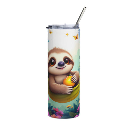20oz skinny tumbler with cute sloth wrap holding orange, pastel colors, butterflies and floral design, digital download for sublimation printing