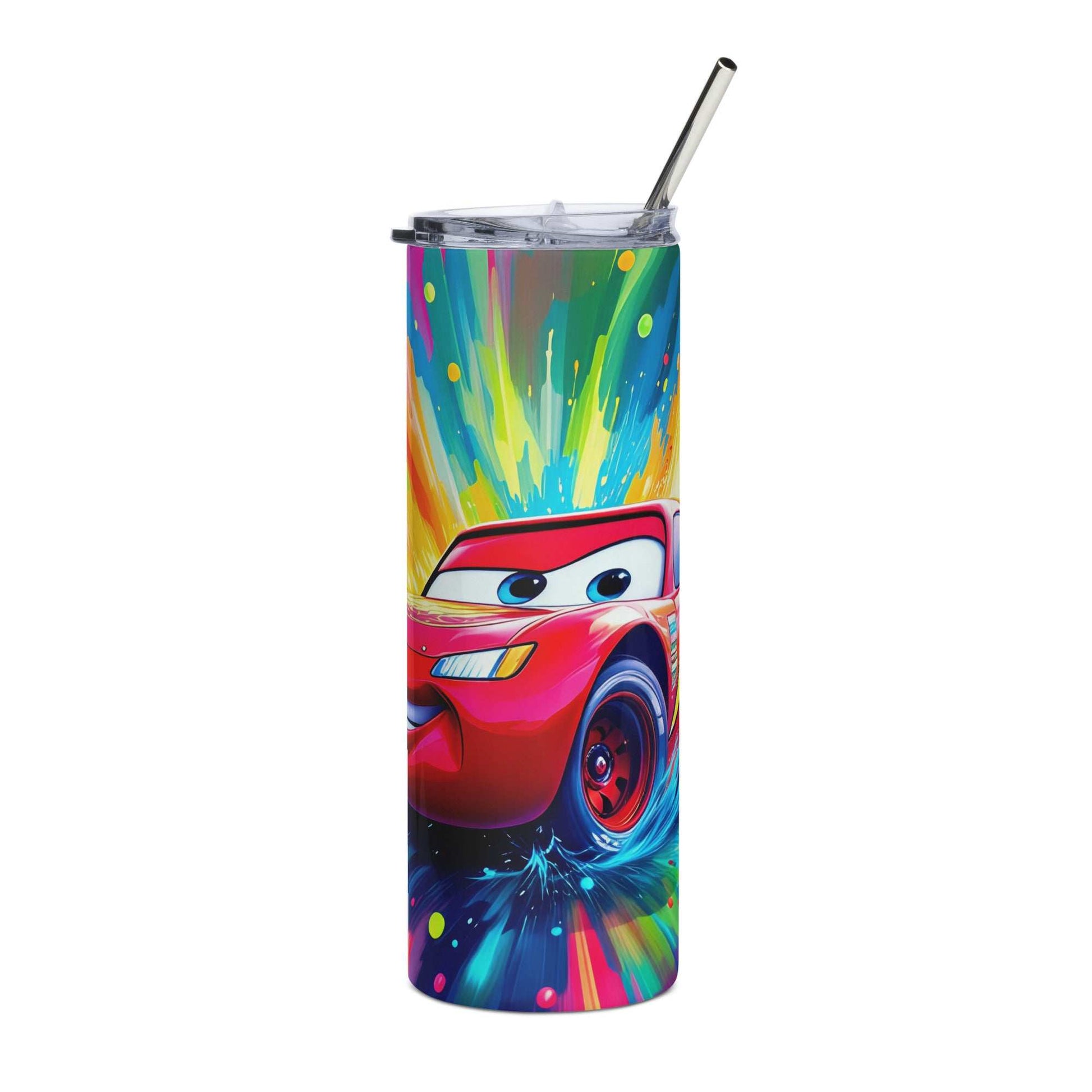 20oz skinny tumbler with vibrant Cars-themed wrap featuring a red race car and colorful speed track design