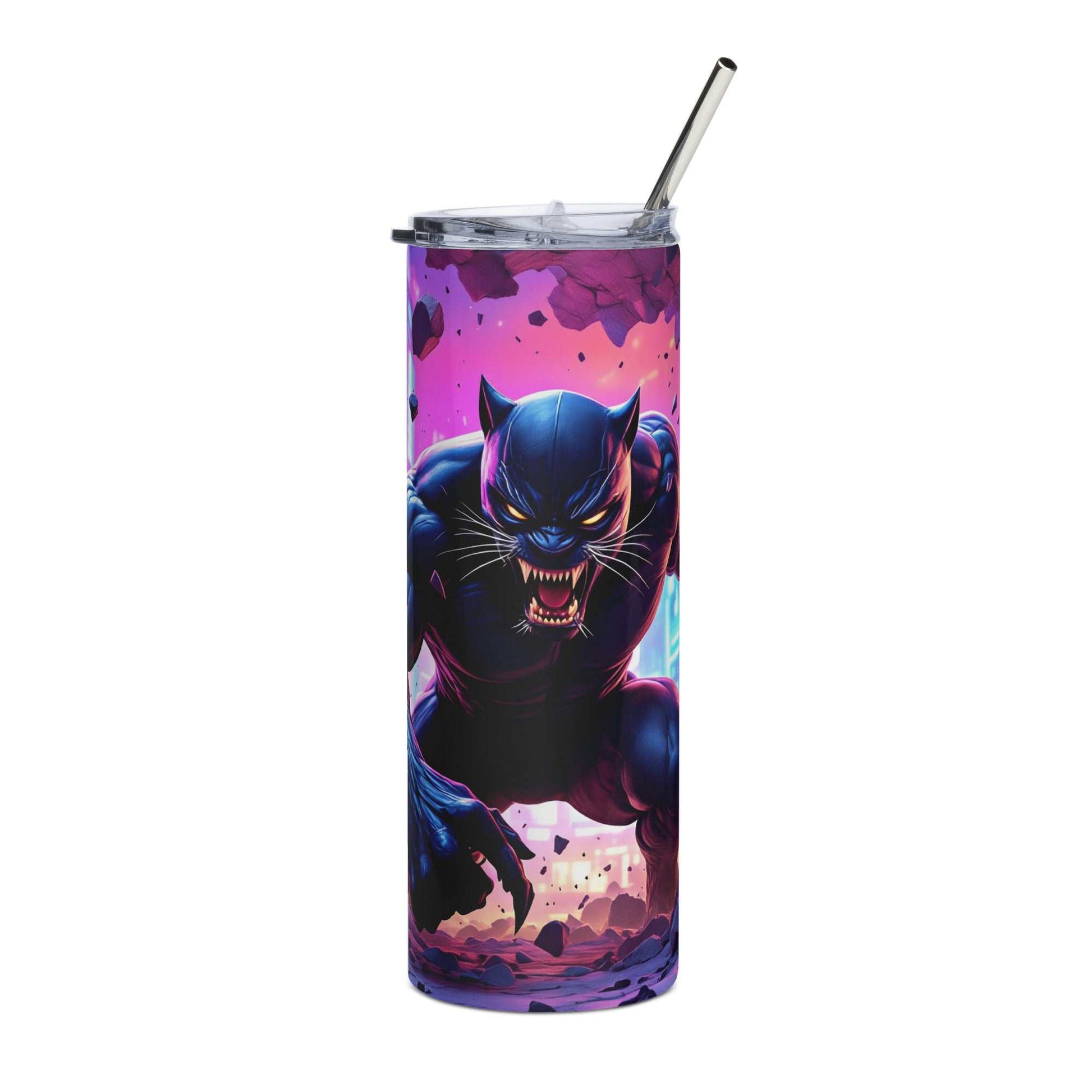 20oz skinny tumbler with Black Panther tumbler wrap featuring vibrant purple and black Marvel superhero design and panther silhouette.