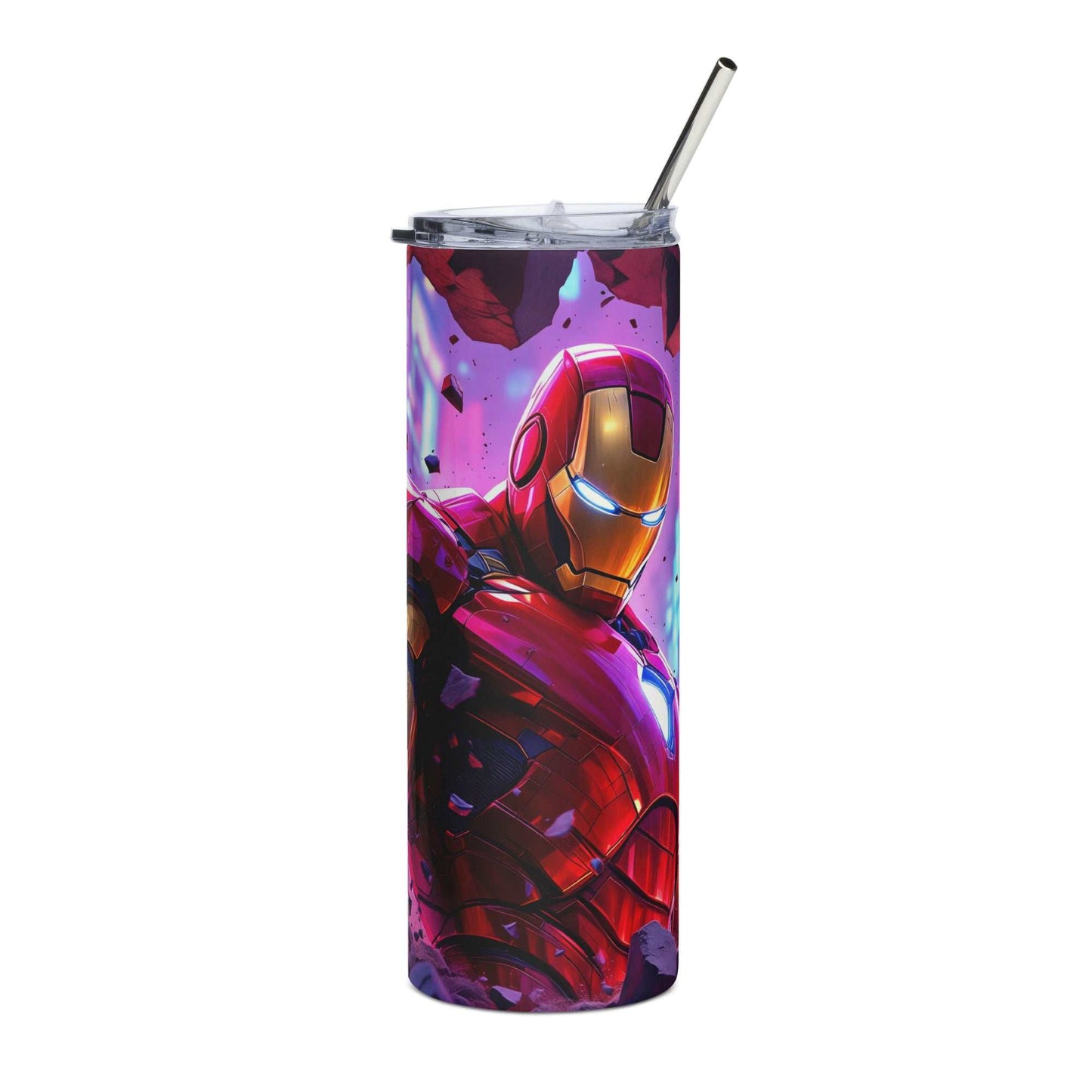Iron Man Tumbler Wrap PNG design featuring red and gold superhero armor with glowing arc reactor on 20oz skinny tumbler.