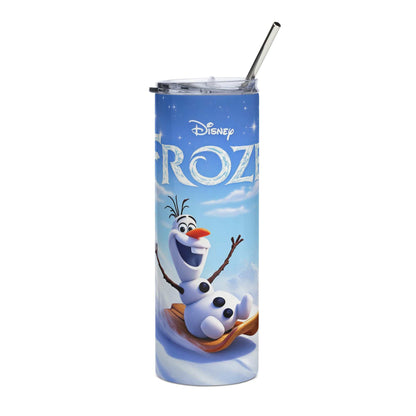 Olaf sledging wrap design on 20oz skinny tumbler with snowman and winter theme